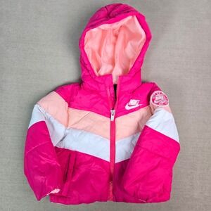 Nike Baby Chevron Puffer Jacket Hooded Zip Pink White Peach Color Block Size 12M